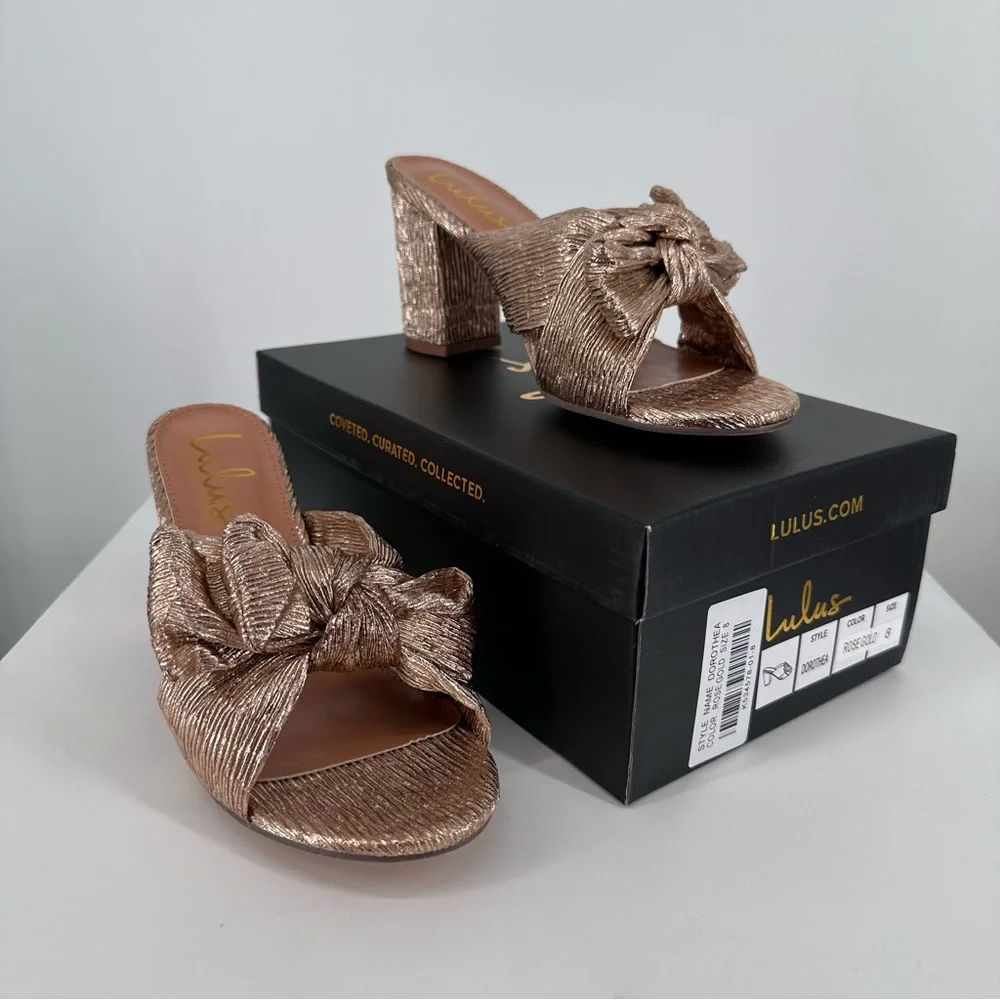 Lulus Dorothea Rose Gold Knotted High Heel Sandals size 8 New in Box Metallic